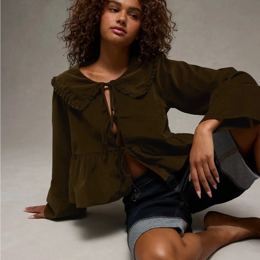 American Eagle Outfitters Dark Olive Blouse - Picture 1 of 5